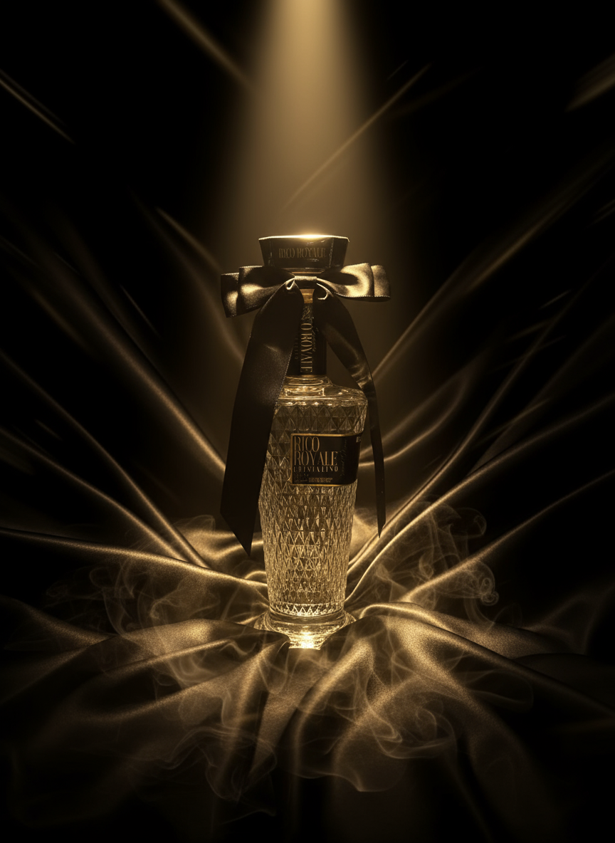 A decorative perfume bottle with a textured glass design, wrapped with a black ribbon and bow, illuminated by a warm spotlight against a dark, silky background with swirling smoke or fabric at the base.