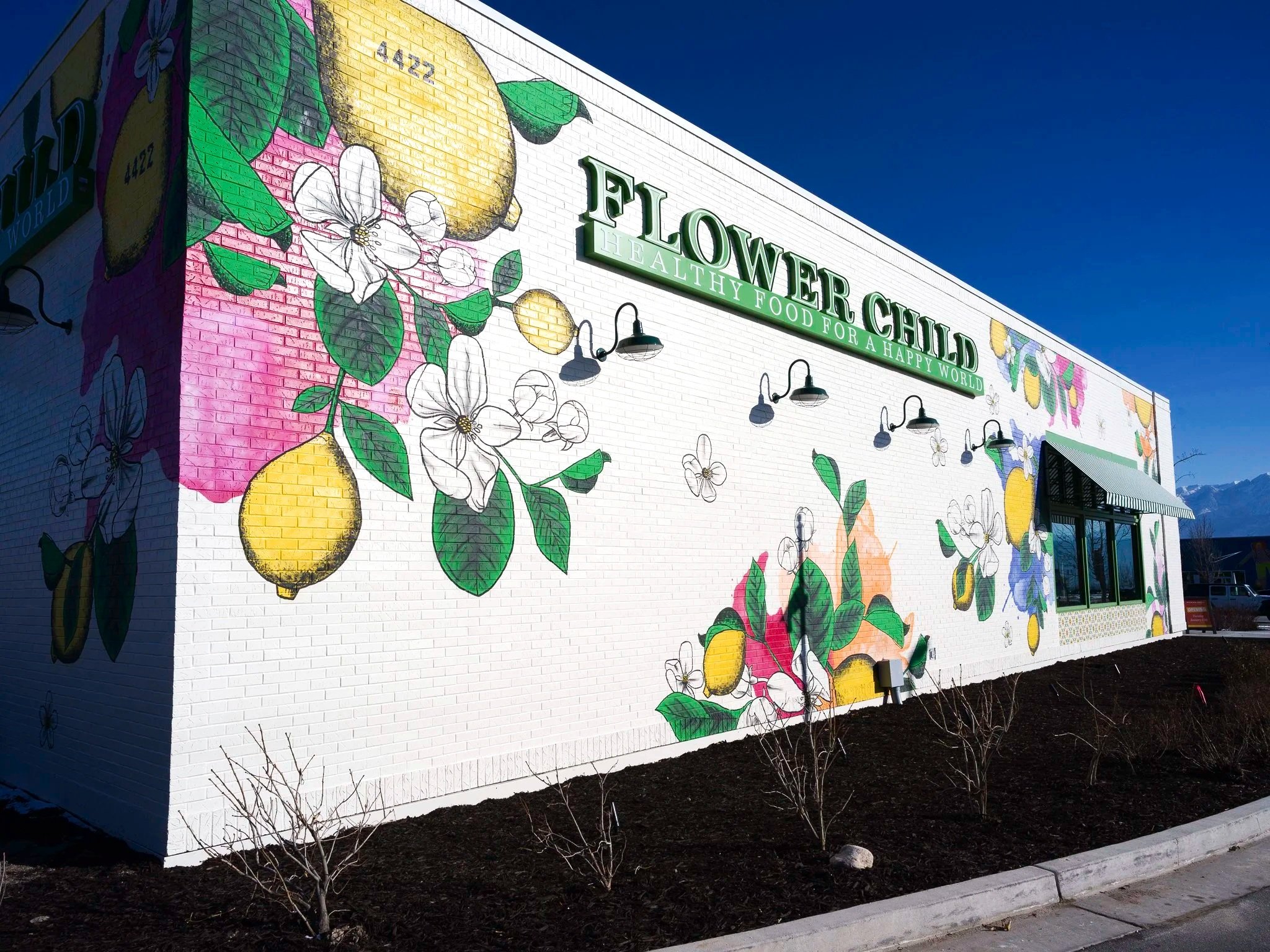 Flower Child Riverton Utah exterior mural botanical design with lemons blossoms and greenery in bold colorful style