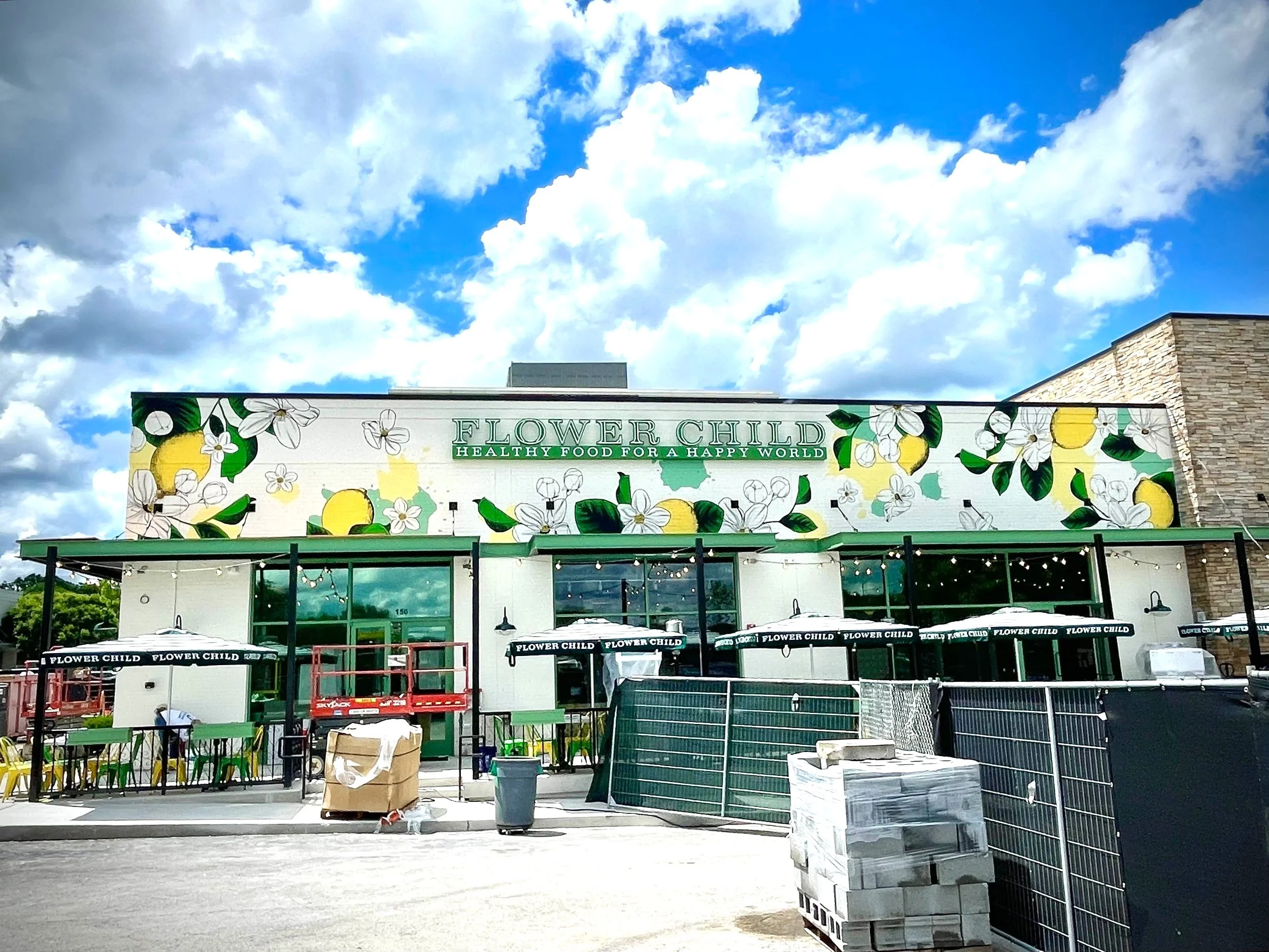 Exterior mural at Flower Child in Franklin, Tennessee, featuring colorful and nature-inspired artwork