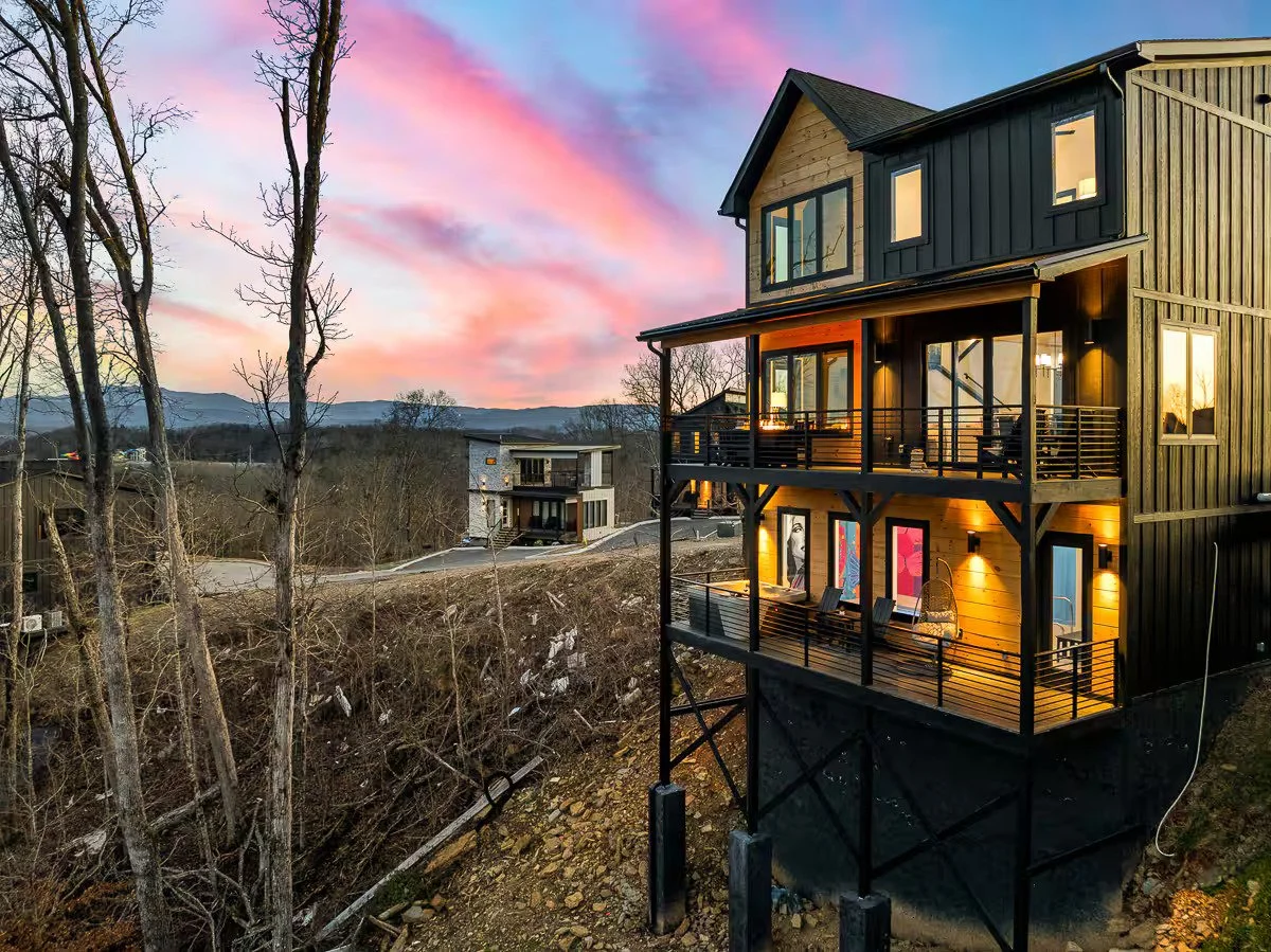Vibrant neon-style Dolly Parton portrait mural with colorful butterflies in a Sevierville, Tennessee cabin.