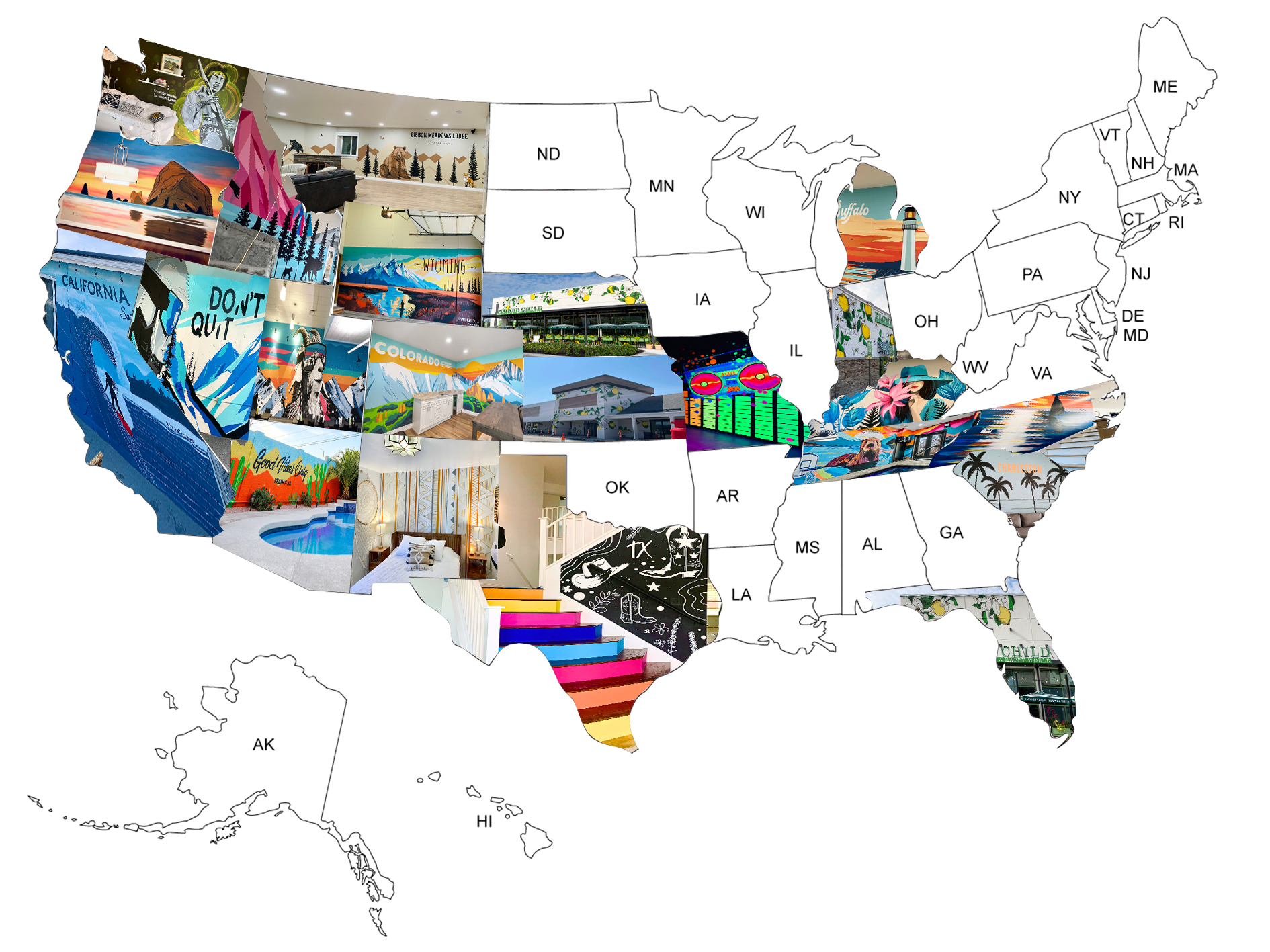 Map of Sarah Meitler mural locations across the U.S., highlighting custom murals completed in multiple states.