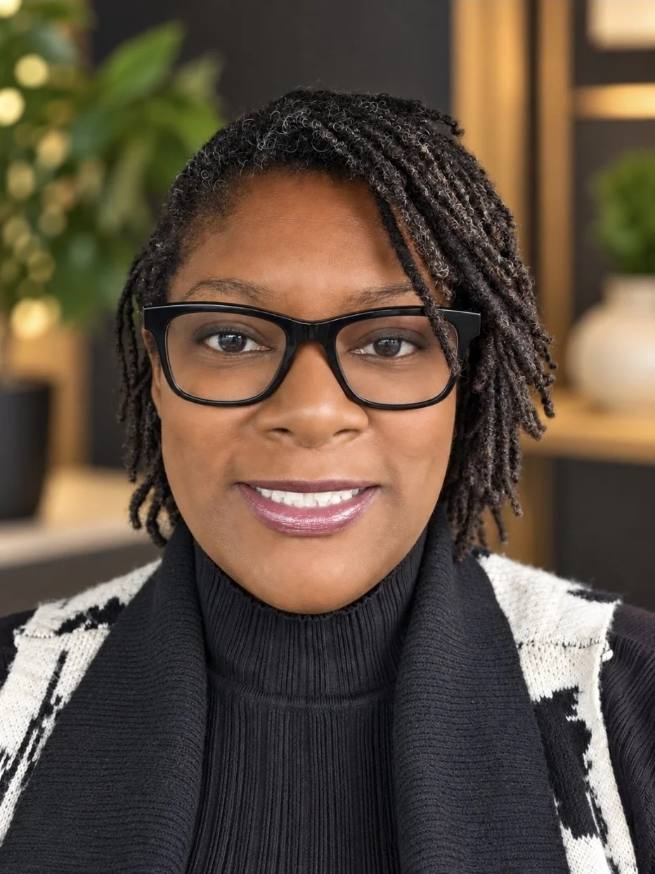 A woman with glasses smiling, wearing a black turtleneck and a black and white patterned jacket, with a blurred indoor background showing plants and decorative objects.