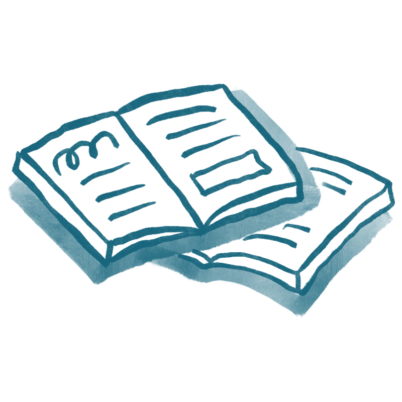 A sketch of an open book with some lines indicating text on the pages.