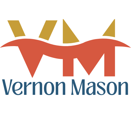 Logo of Vernon Mason featuring a stylized dinosaur graphic in orange and gold with the company's name below in blue text.
