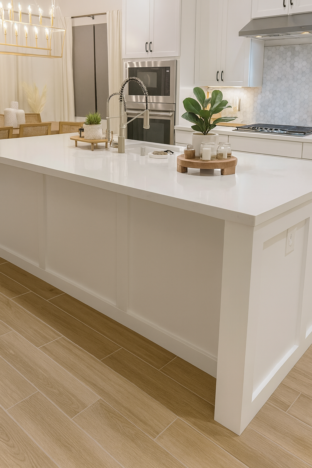 Modern kitchen with white cabinets, a large white island, potted plants, and a wooden-floor area.