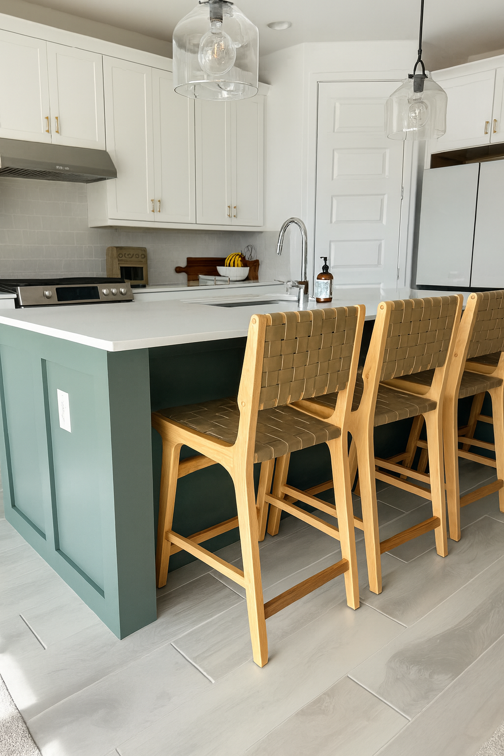 Kitchen with white cabinets, a white countertop island, three wooden barstools with woven backs, hanging glass pendant lights, a stove with a metallic range hood, a bowl of bananas, and a soap dispenser.