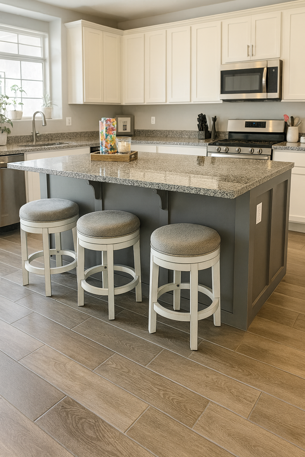 Modern kitchen with white cabinets, granite countertops, a gray island with bar stools, stainless steel appliances, and wooden floor tiles.