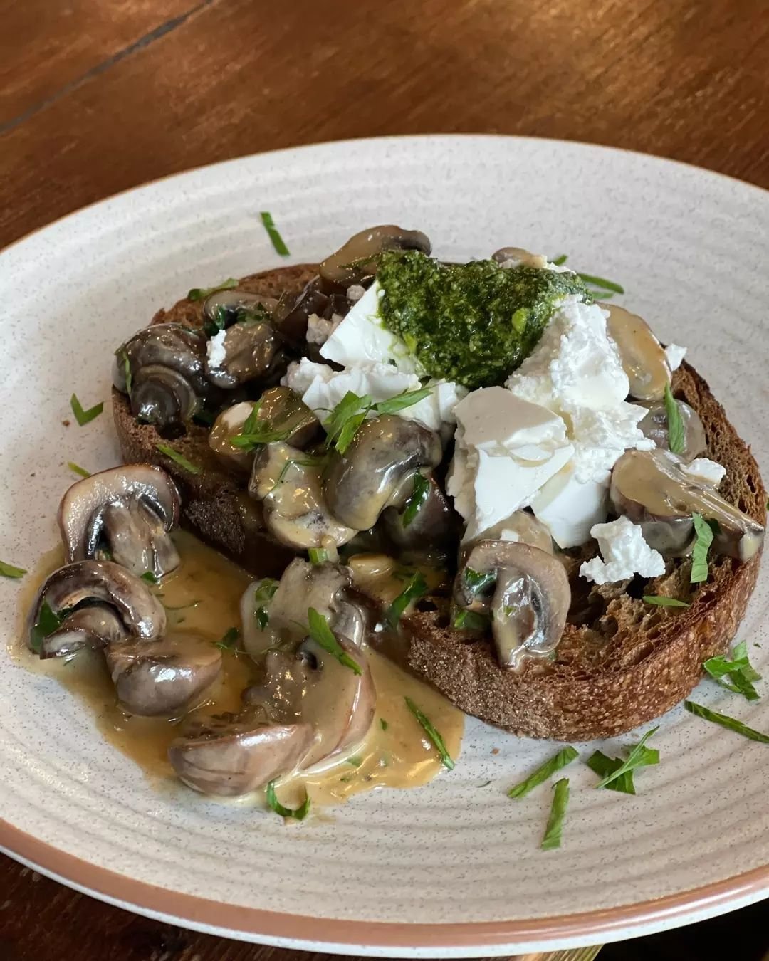 Happy Mother's Day! Today's special treat is our Mr Swiss sandwich: creamy garlic mushrooms, Danish feta, and house-made pesto on toasted rye.