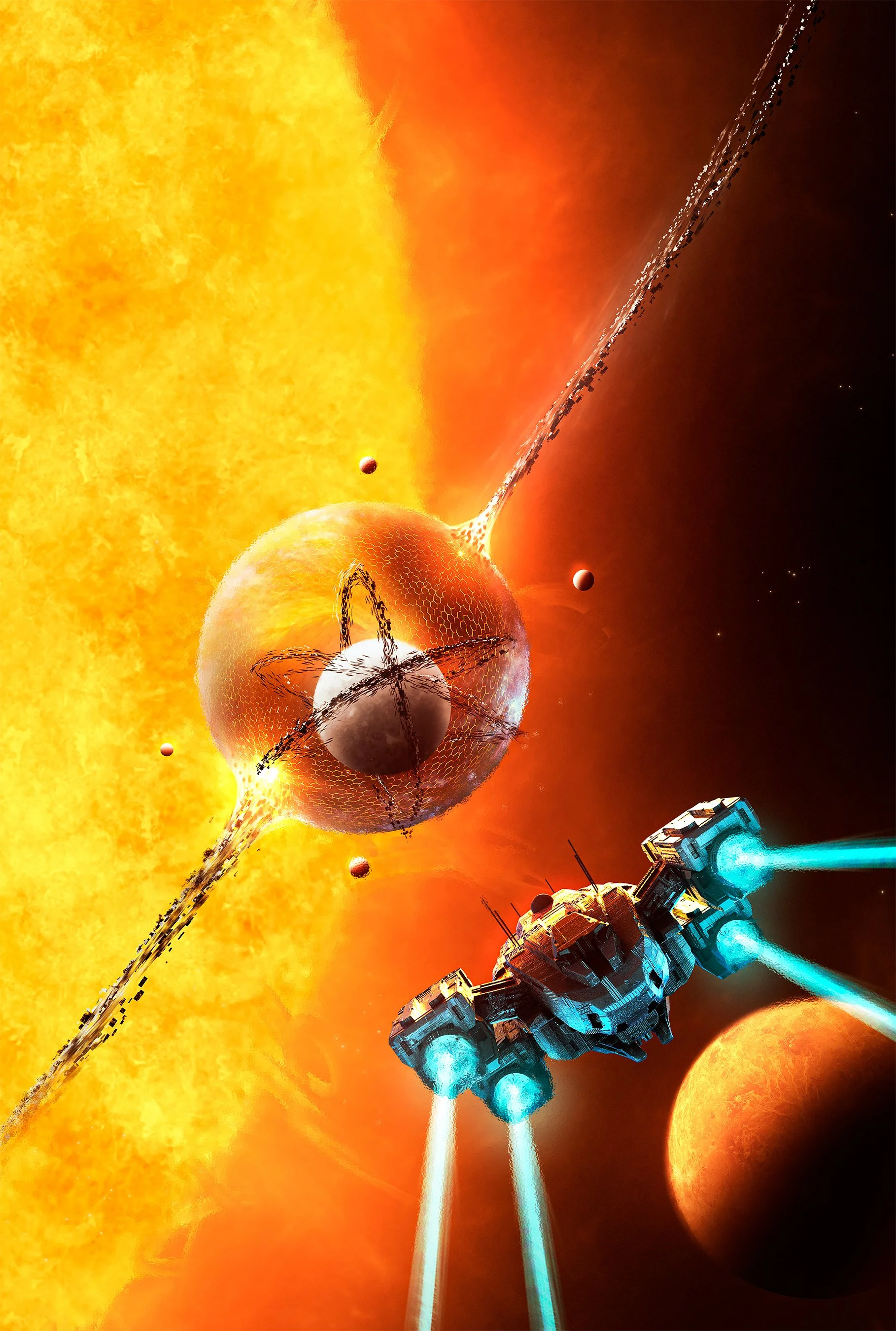 Artwork of outer space featuring planets, stars, a nebula, and a spiral galaxy with a ring of debris or asteroids.