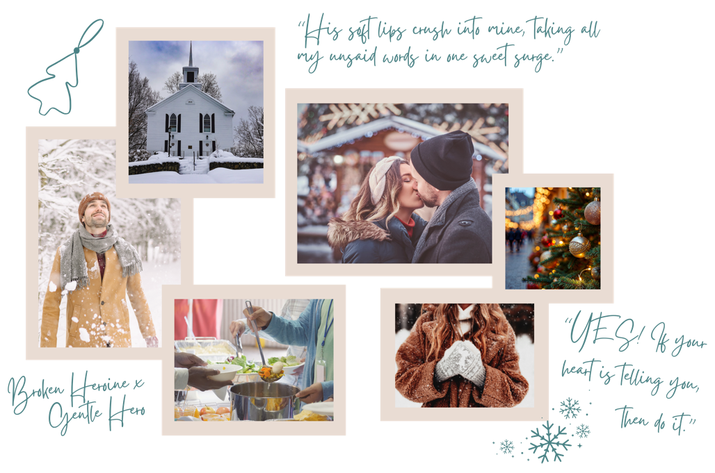 A collage of six images depicting winter and holiday scenes: a white church covered in snow, a couple kissing at a Christmas market, a decorated Christmas tree, a man in a winter coat enjoying snowfall, someone serving food at a buffet, and a person wearing winter gloves holding their hands close to their chest.