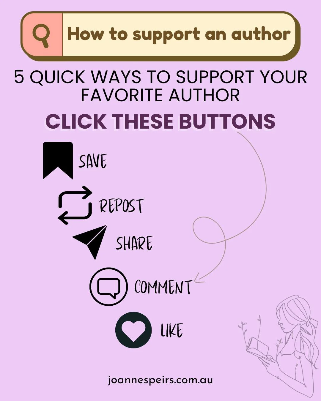 Love supporting authors but not sure how?

It only takes 5 seconds to make a big difference for your favorite writers&mdash;especially authors who rely on word of mouth. 

Here are 5 quick ways you can help:
💾 Save their posts
🔁 Repost to your stor