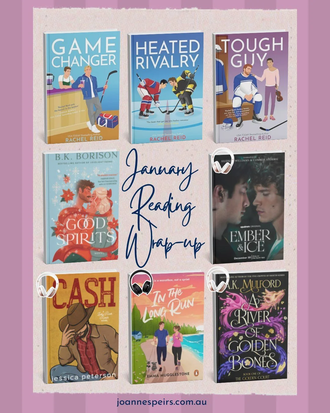 📚January Reading Wrap-up📚

A bit of a mixed bag: Christmas, cowboys, ice hockey, run club, fantasy and I had to end the month with Connor and Hudson (#swoon).

Game Changer, Heated Rivalry &amp; Tough Guy &ndash; Rachel Reid
Good Spirits &ndash; B.