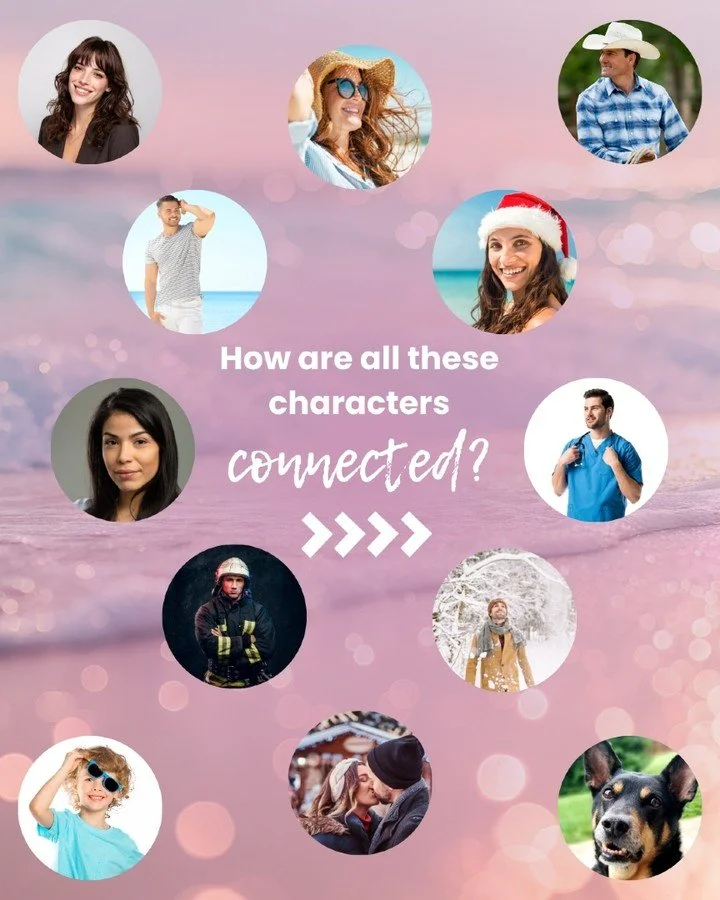 Hello dear readers 💙

Have you noticed how familiar faces keep popping up in Point Perry? 

Swipe through to see how all the main characters across my books are connected&mdash;friendships, family ties, past heartbreaks and those quiet moments where