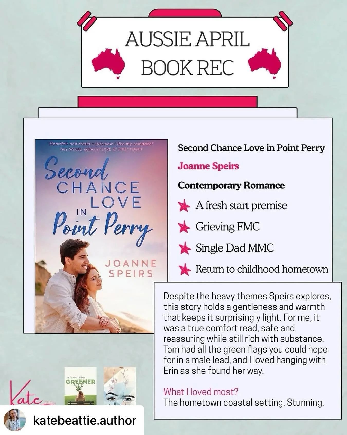 💖💖
Thank you &bull; @katebeattie.author 

AUSSIE APRIL BOOK REC #8

♡ Second Chance Love in Point Perry by @jo.speirs_romance_author

Despite the heavy themes Speirs explores, this story holds a gentleness and warmth that keeps it surprisingly ligh