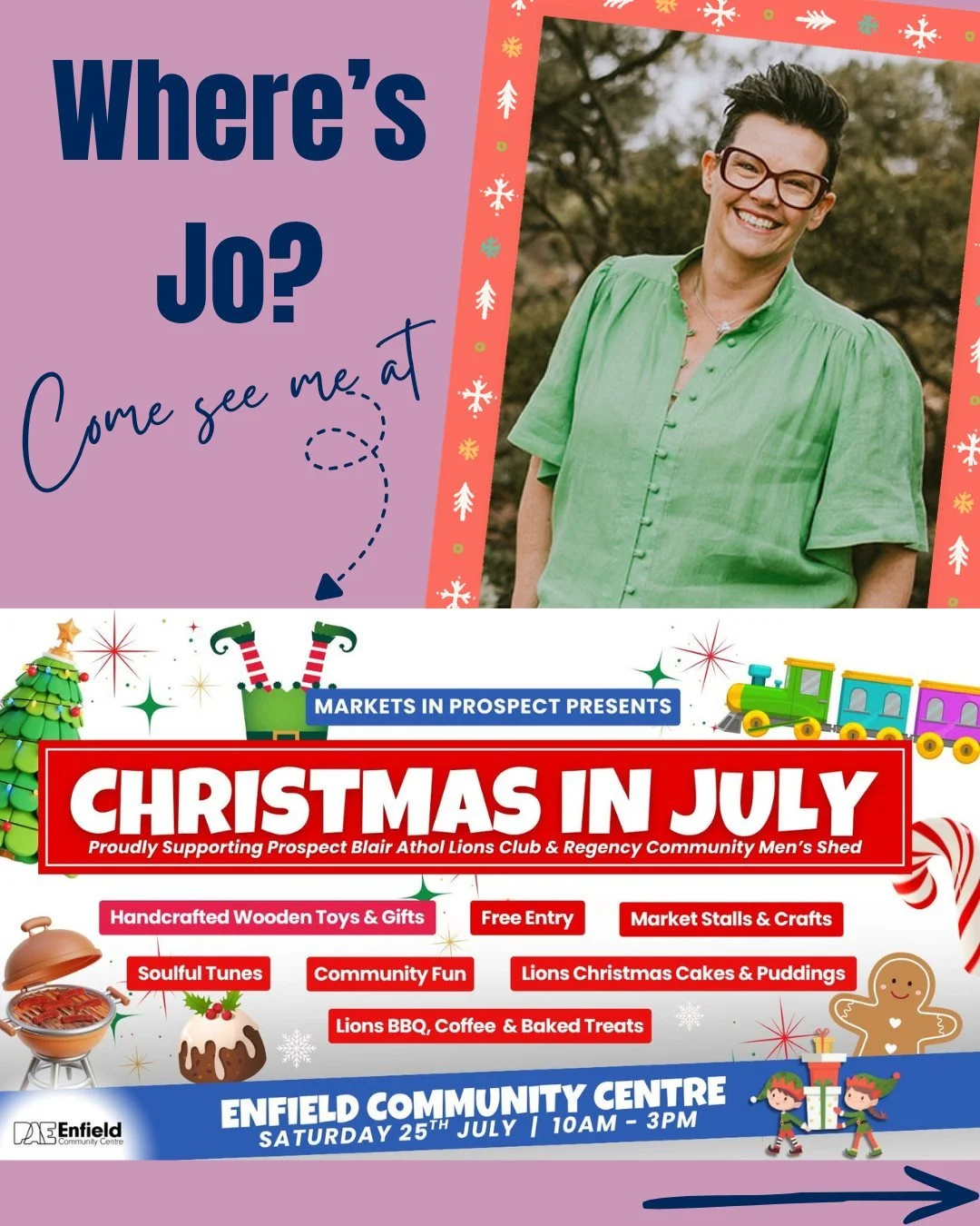 Where's Jo?

She's still celebrating Christmas in July 🎄🎄

Christmas in July Market is returning to Enfield Community Centre!

Join us on Saturday 25th July as we bring our community together for a cosy day of indoor markets, a bit of midyear festi