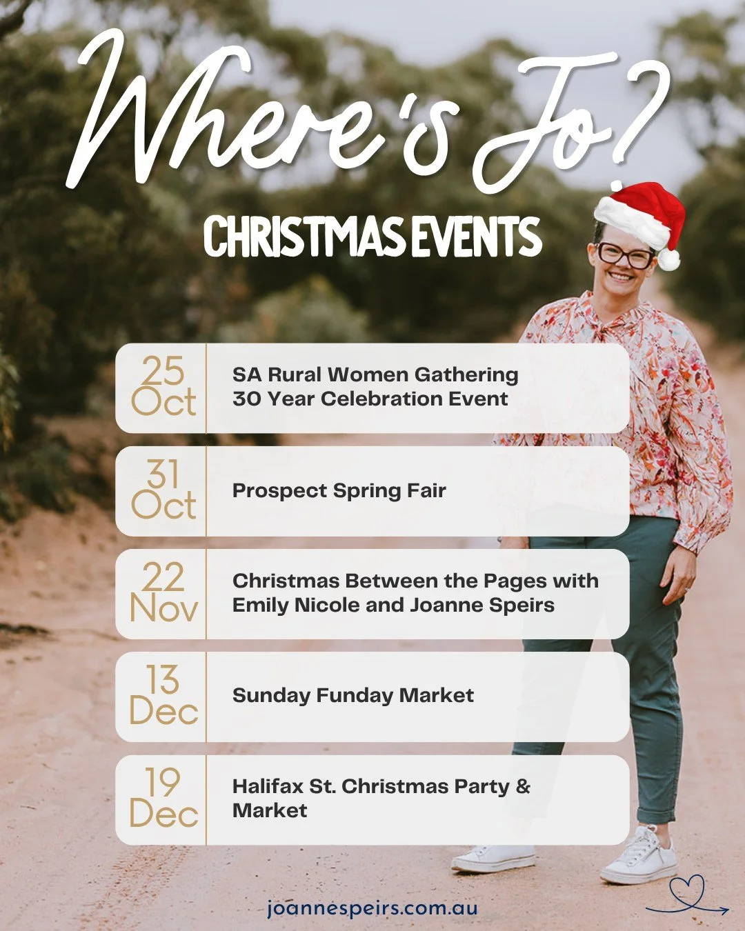Where&rsquo;s Jo? Turns out, all over Adelaide between now and Christmas. 

I may have said yes to a few more events than planned this year. But here we are, and I&rsquo;m looking forward to every one of them.

I&rsquo;ll have all my Christmas books 