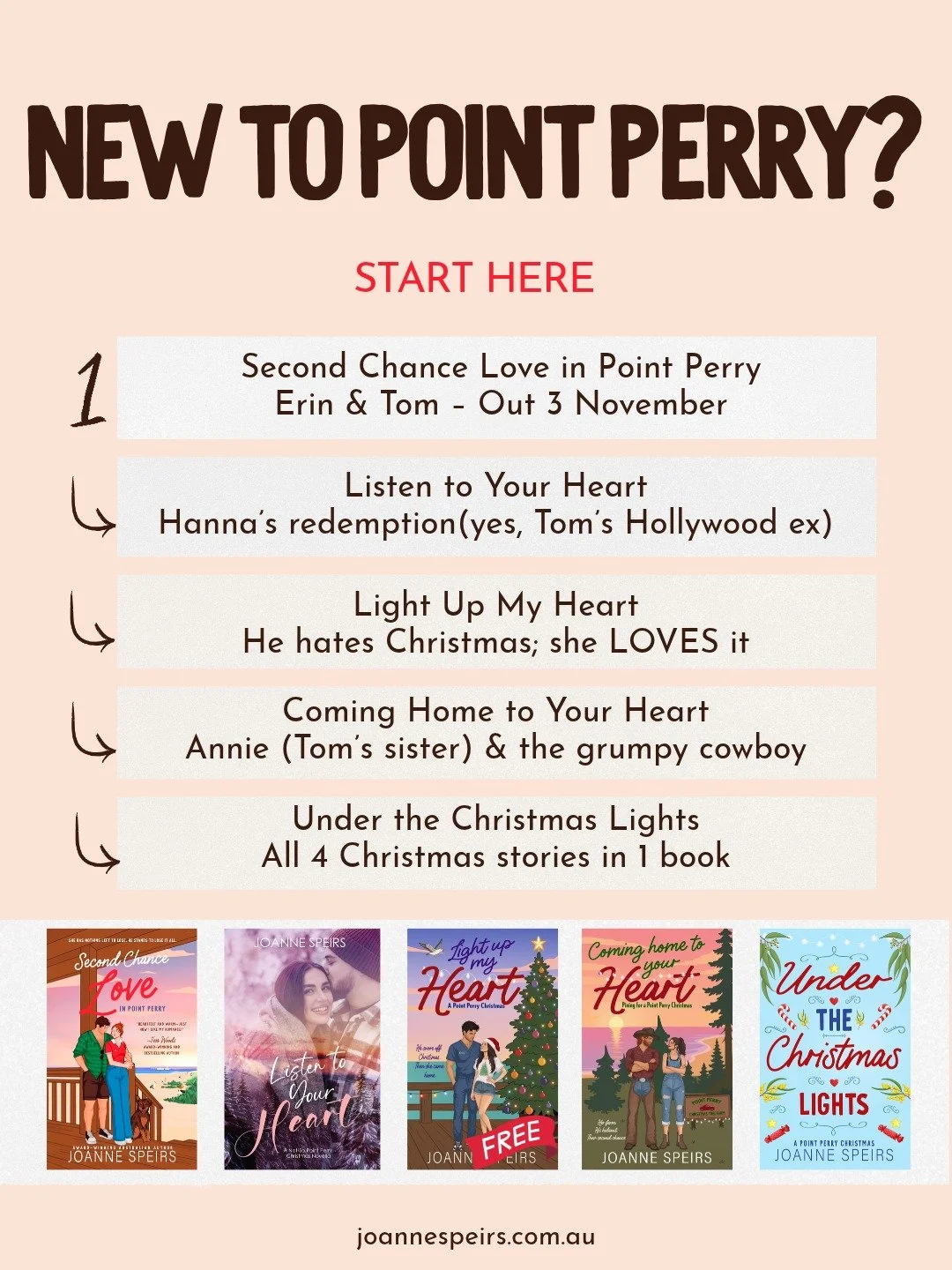 New to Point Perry? Start here. 🤍

'Second Chance Love in Point Perry' is book one, and it&rsquo;s where you meet Erin and Tom, and the town that heals their broken hearts.

Then Hanna gets her redemption, Christmas wins over a man who hates it, and