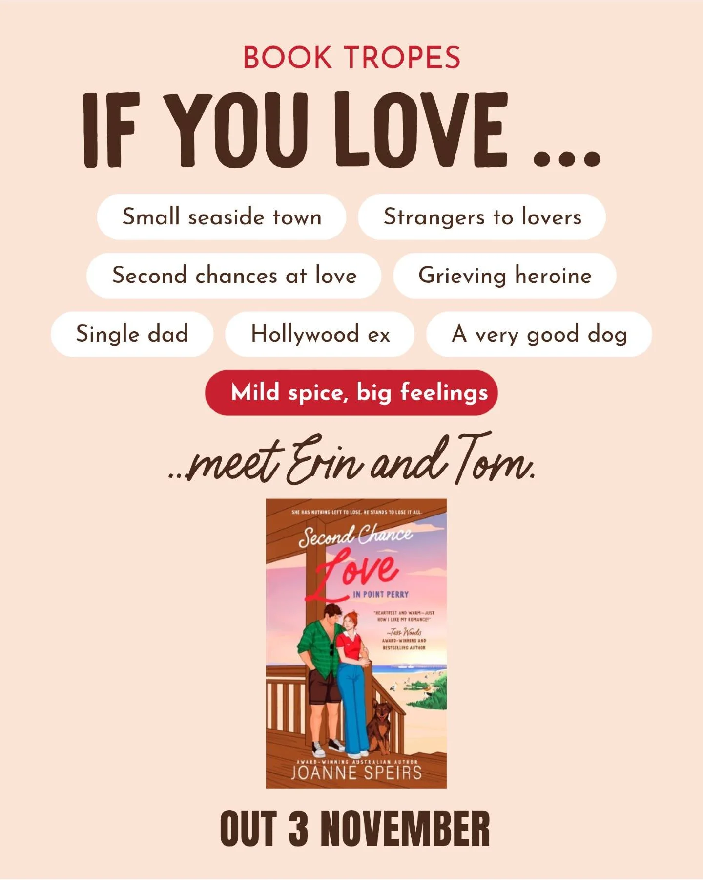 If any of these tropes are your vibe, Erin and Tom are waiting for you 👇

🌊 Small seaside town
🤝 Strangers to lovers
💞 Second chances at love, for both of them
💔 Grieving heroine
👨&zwj;👦 Single dad
🎬 Hollywood ex
🐾 A very good dog
🔥 Mild sp