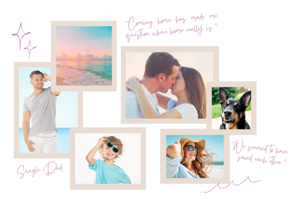 Collage of six photos including a sunset at the beach, a smiling man at the beach, a couple kissing, a dog outdoors, a woman with sunglasses and straw hat on the beach, and a boy wearing sunglasses on the beach.