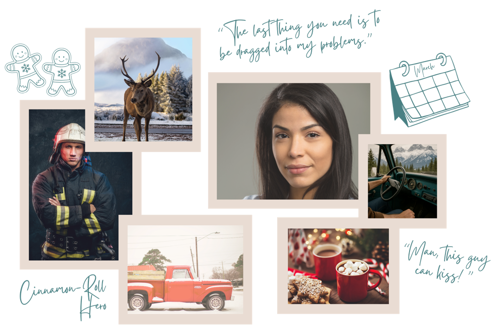 A collage of various images including a firefighter, a deer in a winter landscape, a woman, a driver, a red truck, a Christmas scene with a mug of hot chocolate and cookies, and a calendar marked March.