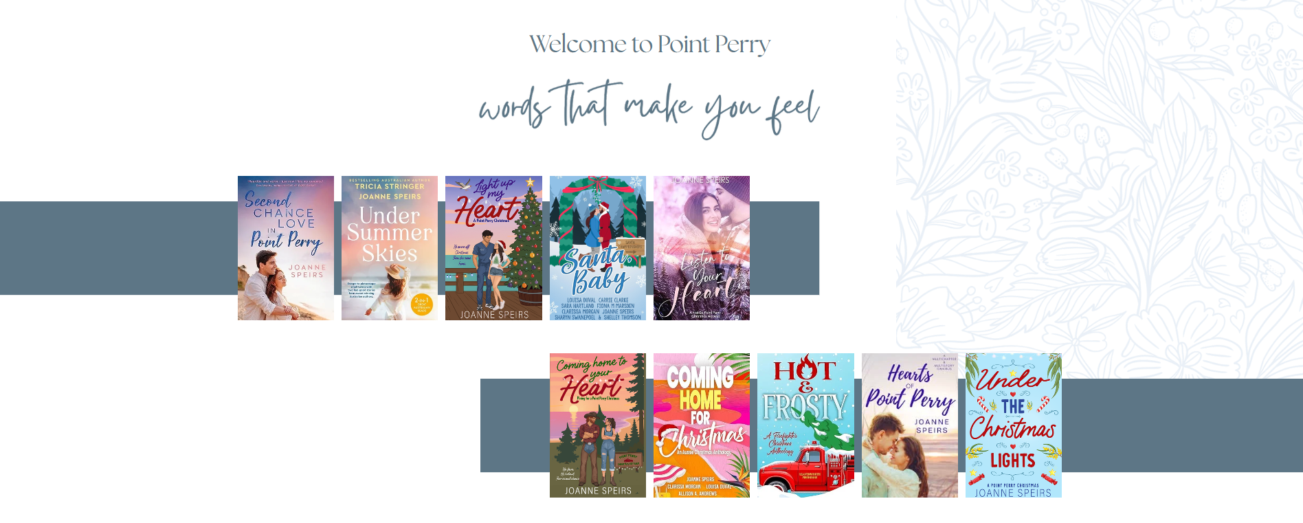 Welcome to Point Perry. Words that make you feel. Ten small-town Christmas and coastal romance covers by Australian author Joanne Speirs.