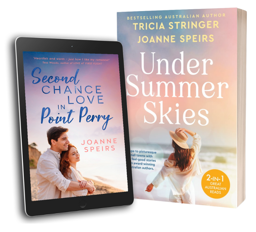 A tablet displaying the cover of the novel "Second Chance Love in Point Perry" by Joanne Speirs, showing a man and woman embracing on a beach. Beside the tablet are two books titled "Under Summer Skies" by Tricia Stringer and Joanne Speirs, featuring a woman with a hat looking at the ocean.