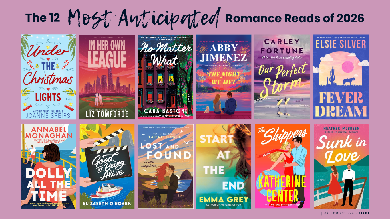 Grid of twelve 2026 romance novel covers, including Under the Christmas Lights by Joanne Speirs, Fever Dream by Elsie Silver and The Night We Met by Abby Jimenez.