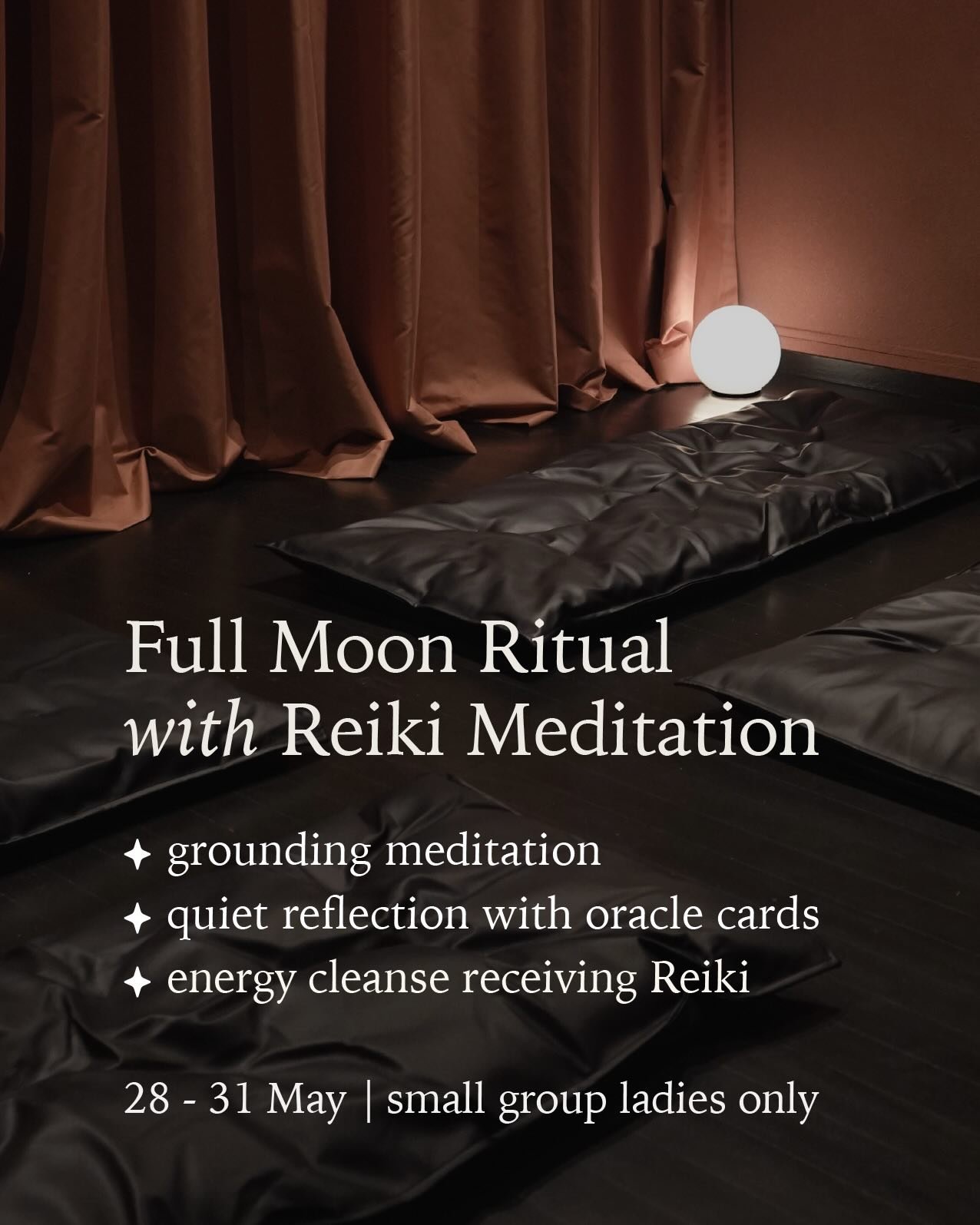 Reiki: a Japanese energy healing method that supports:

&bull; deep relaxation
&bull; stress release
&bull; strengthening intuition

Every Full Moon, we gather at our studio in Tanjong Pagar to meditate &amp; reflect with Reiki

Beginner friendly | l