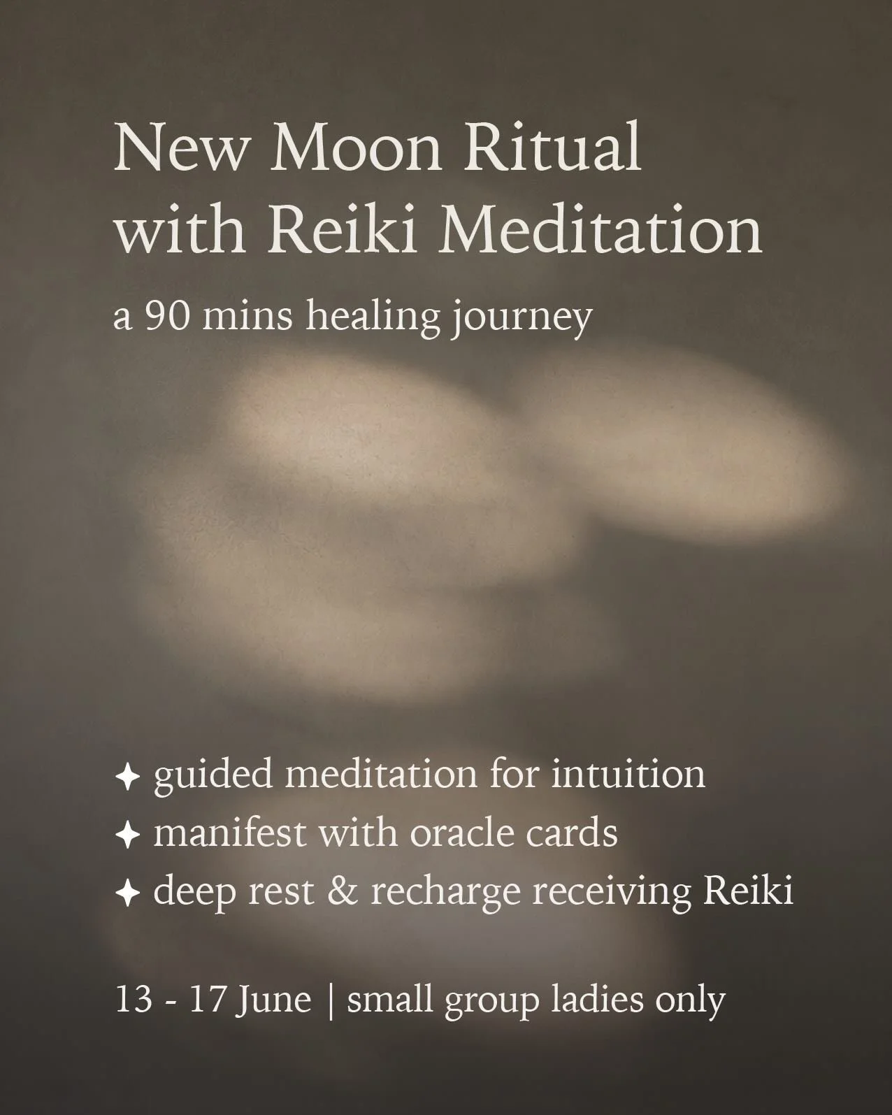 Manifest with the support of Reiki

Shift your energy to shift your reality

13 - 17 June New Moon Reiki Meditation

Small group ladies only

Book your mat now 🤍