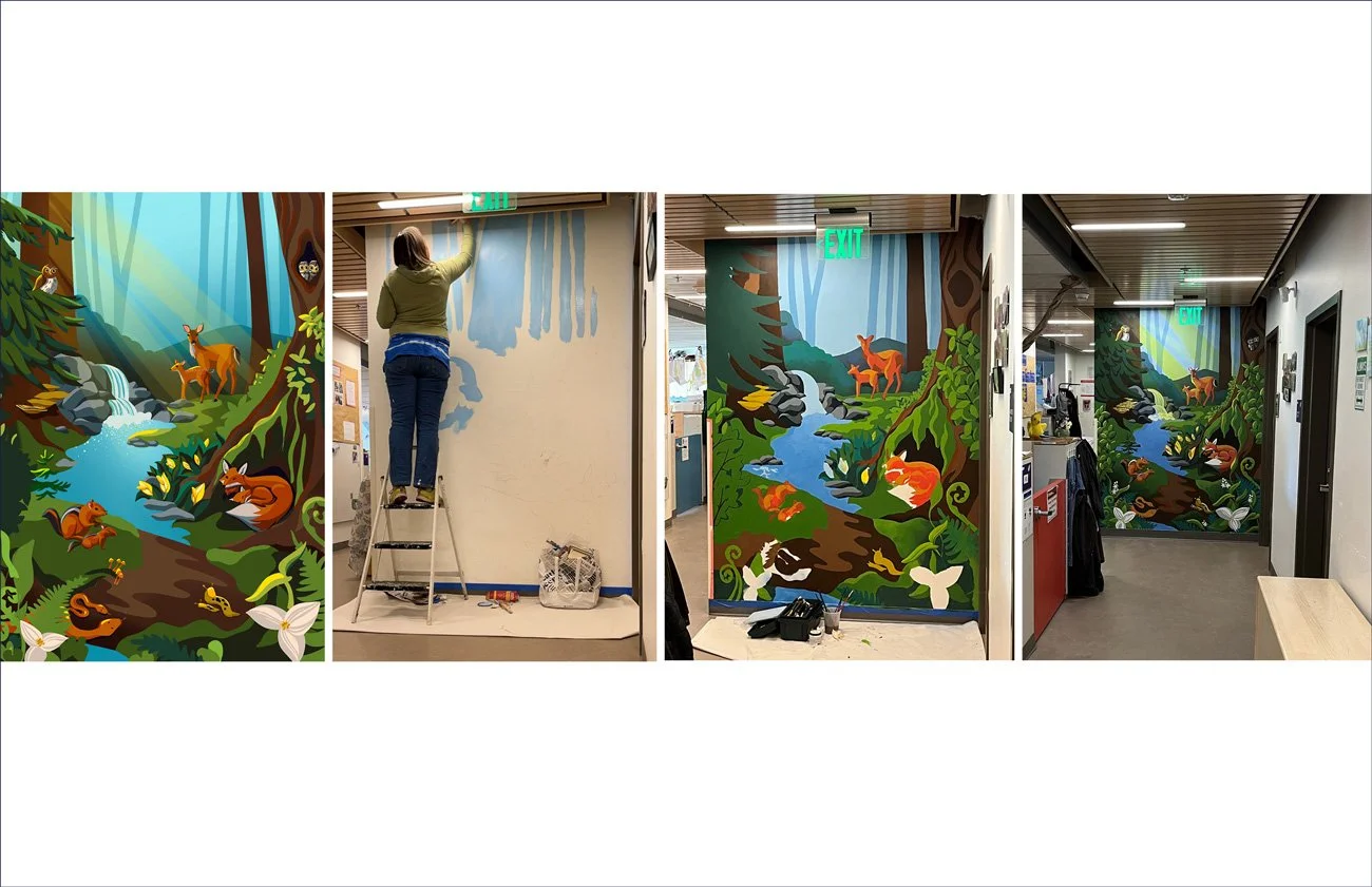 four pictures showing progress of the mural being painted
