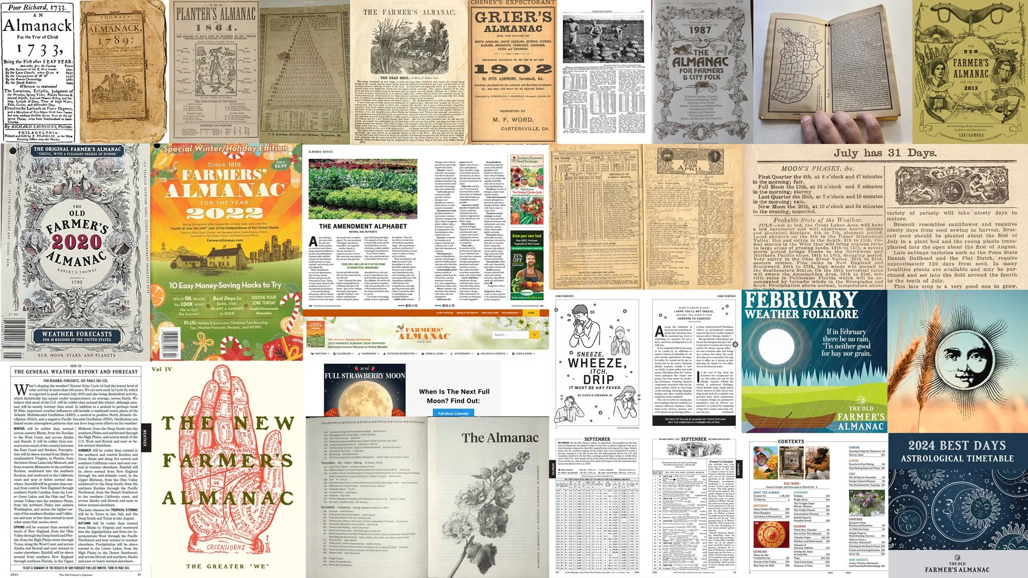 collage of pages and covers from farmers' almanacs from 1731 through 2022