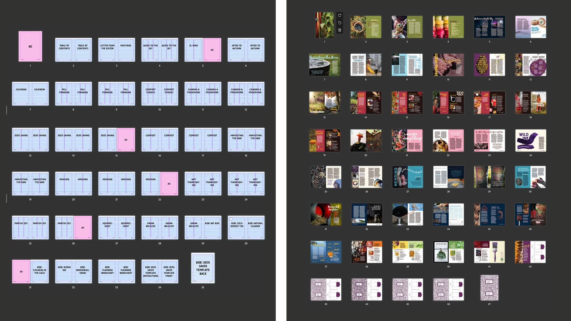 two sets of thumbnail-size images of magazine pages, one set that's blank and the other with images and text filled in