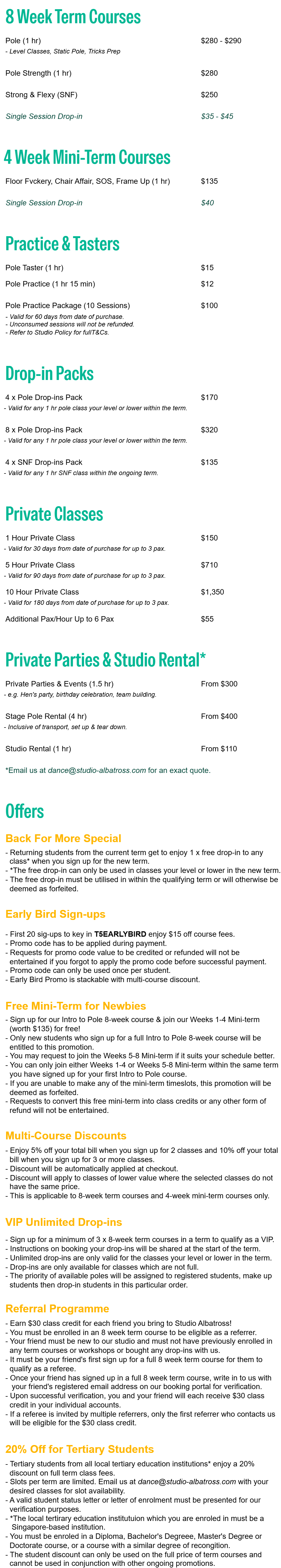 Text-based advertisement for dance classes. Offers 8-week and 4-week courses, private lessons, drop-in packs, studio rental, and private parties. Special offers include early bird sign-ups, mini-term for beginners, discounts for tertiary students, VIP drop-ins, referral programs, and discounts for multiple courses. Contact via email for studio rental.