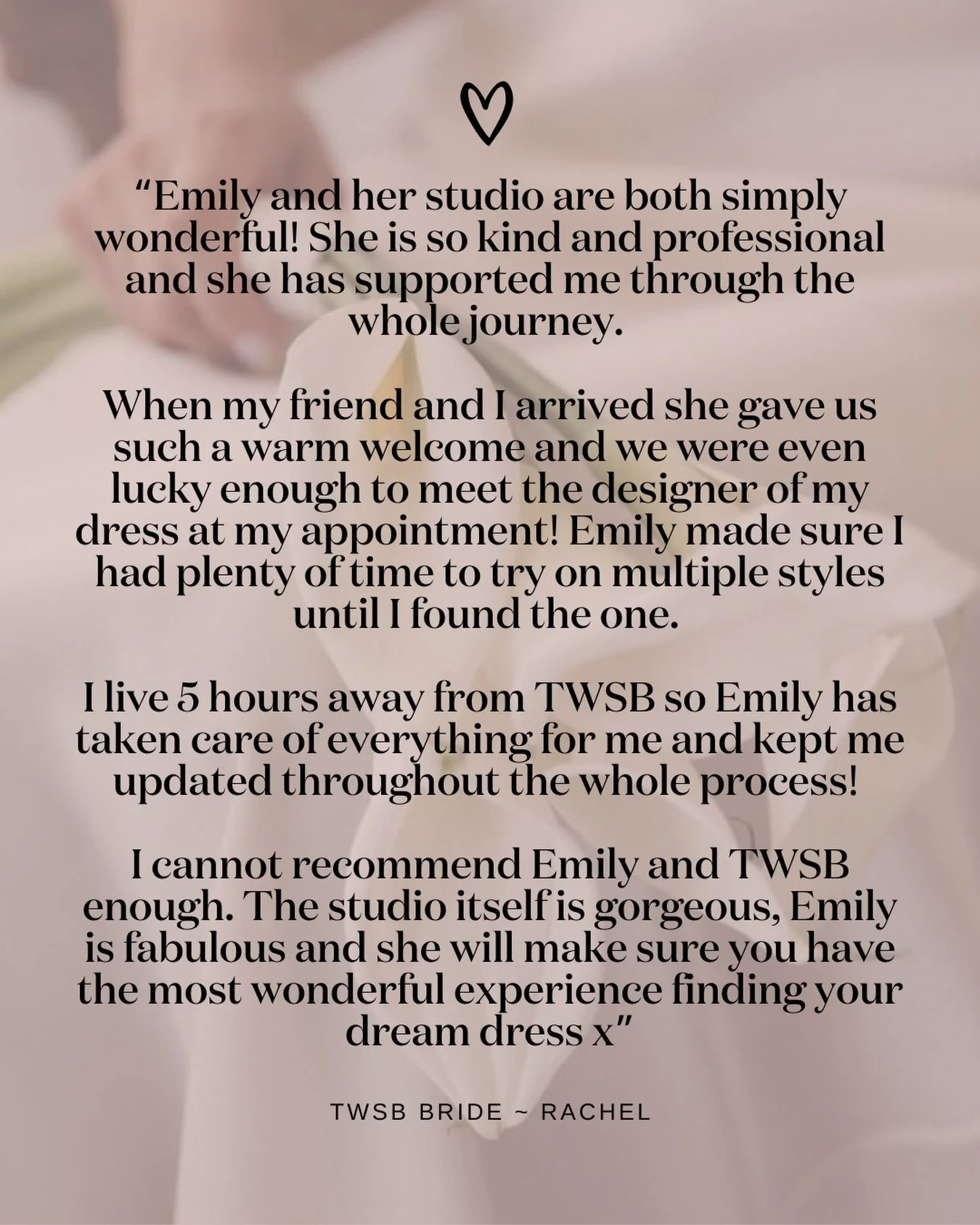 Enjoying a few quieter days of the festive break so thought I&rsquo;d share some recent kind words from TWSB bride, Rachel. 

I will never take this role for granted and promise to ensure each and every bride who steps into my little Wokingham bridal