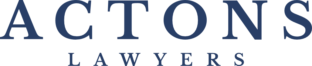 The logo of ACTONS Lawyers with the company name in large, dark blue capital letters and the word 'LAWYERS' underneath in smaller capital letters.