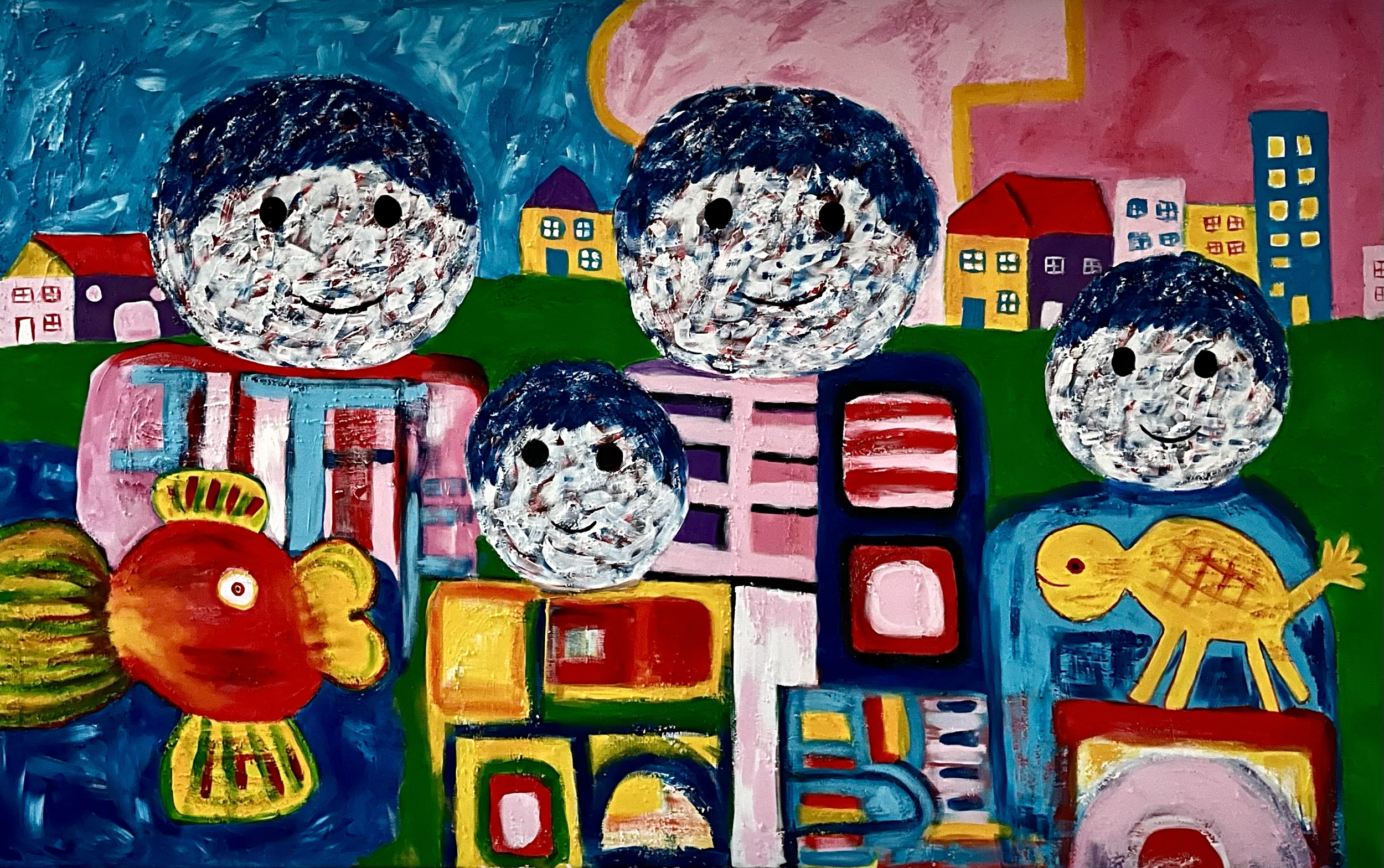 116. Met z'n vieren. 3D 100 x 160 cm.