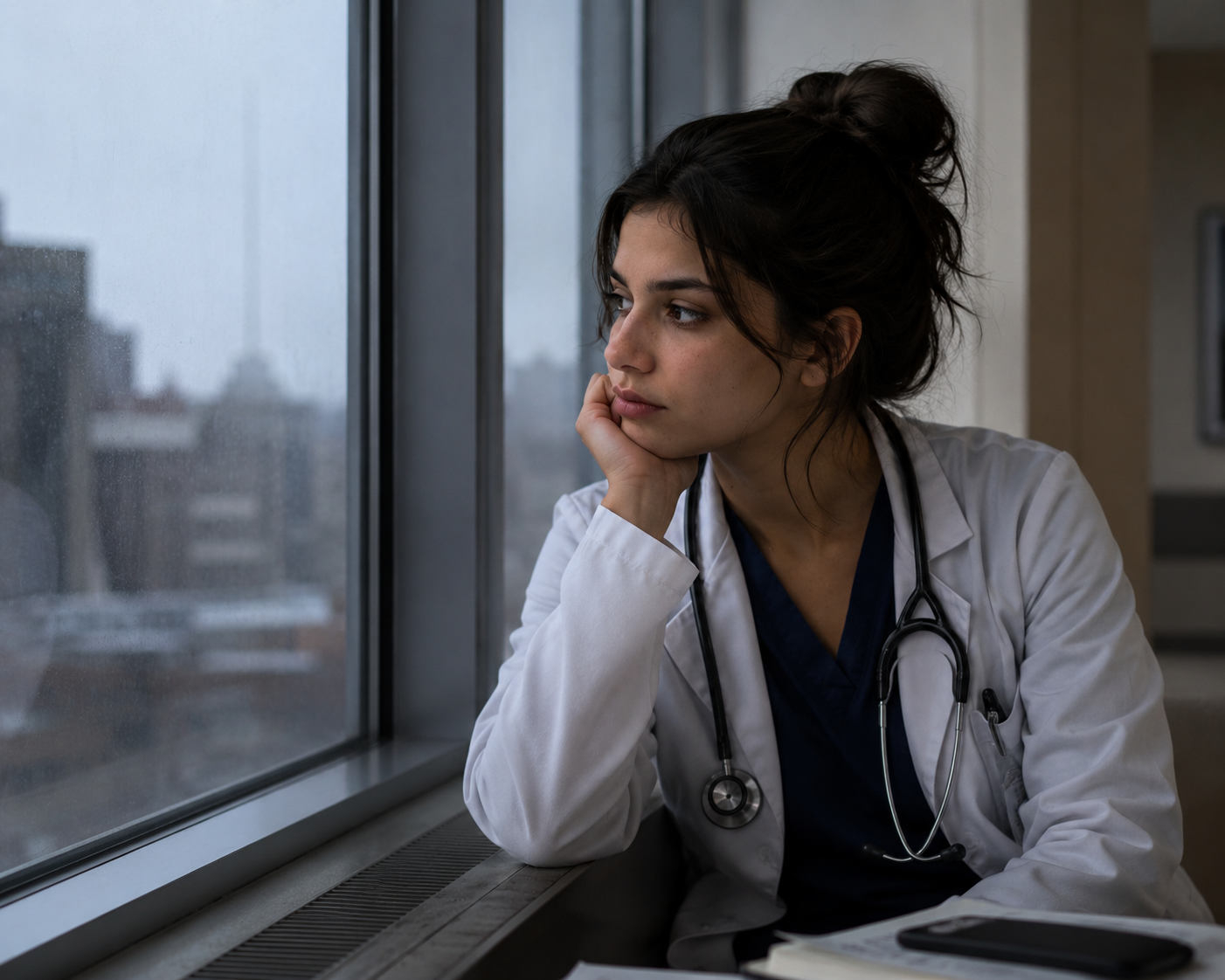 doctor looking at the window thinking