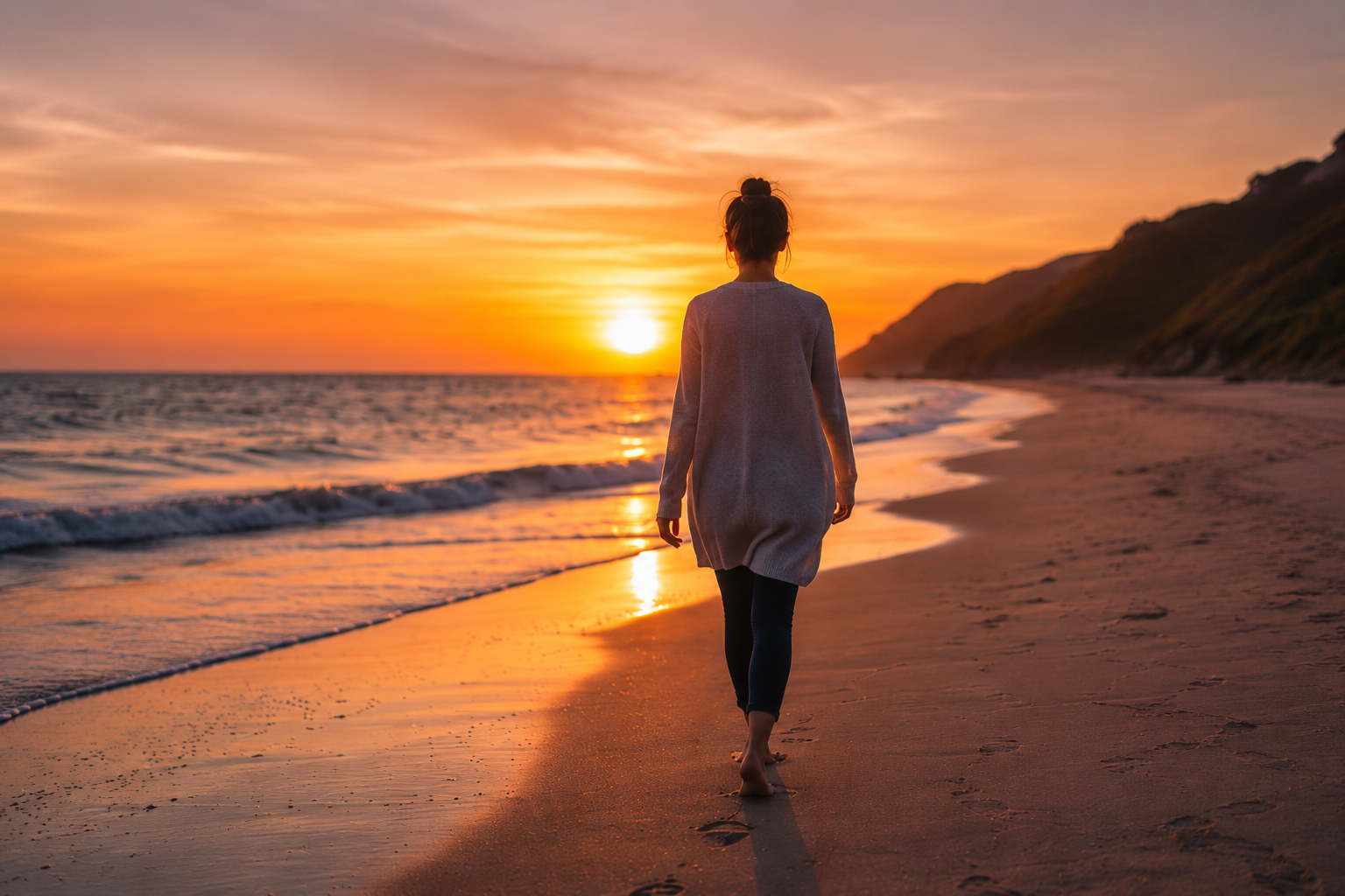 woman walking on the beach barefoot