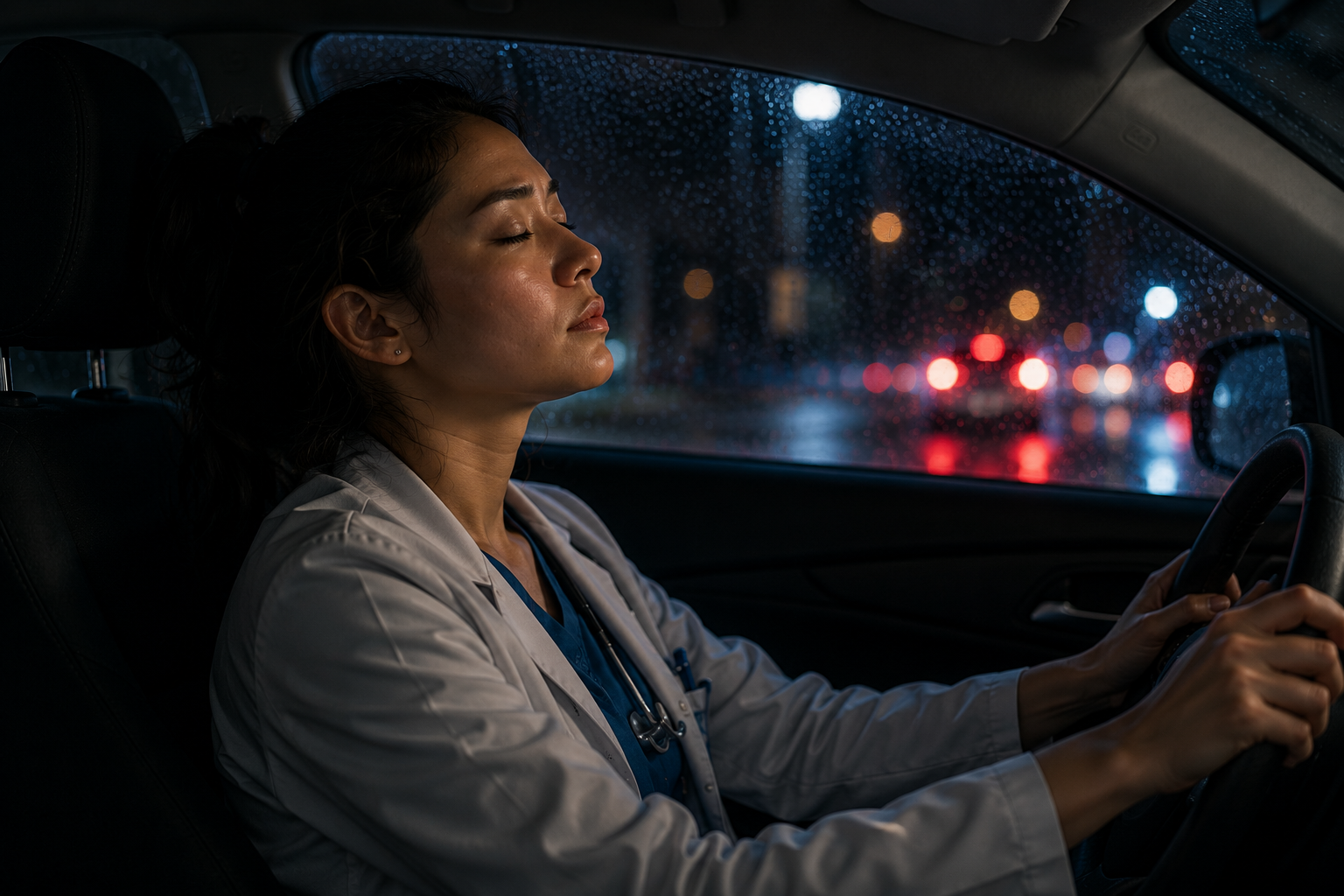 photo of doctor tired driving after work
