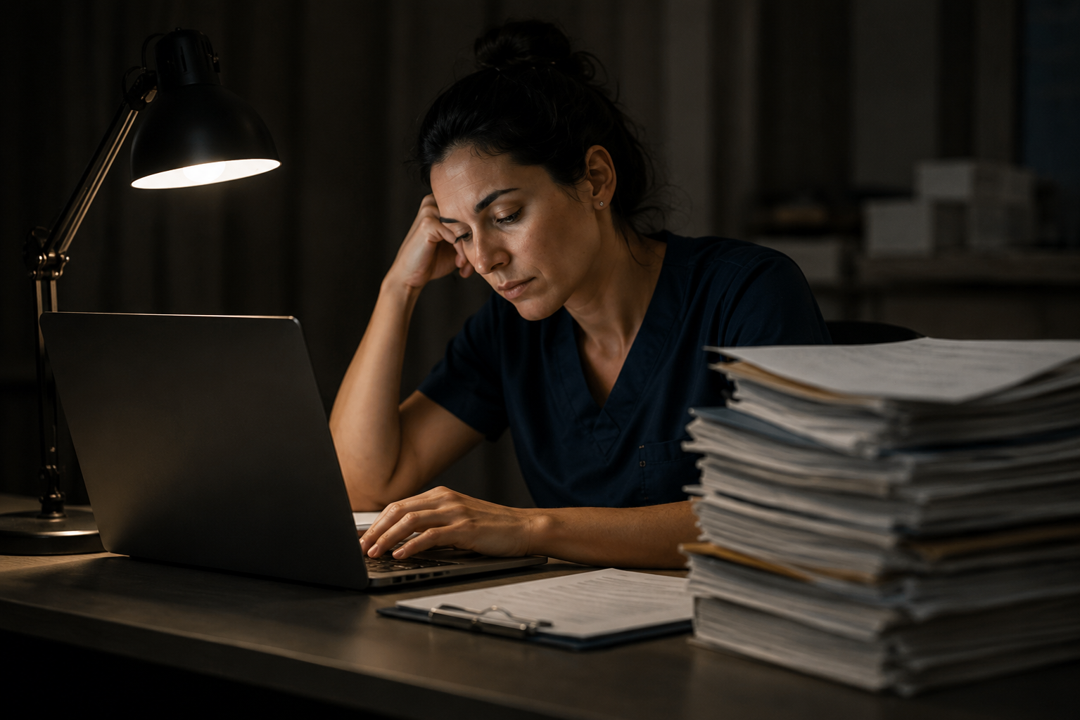 tired doctor reading books for work