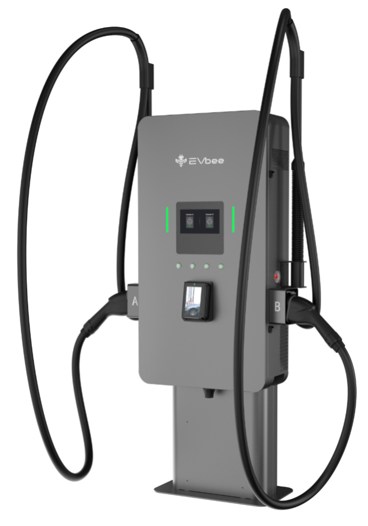 Laddinfrastruktur för elbilar med två laddstolpar och kablar, märkt A och B, på en del av en laddningsstation