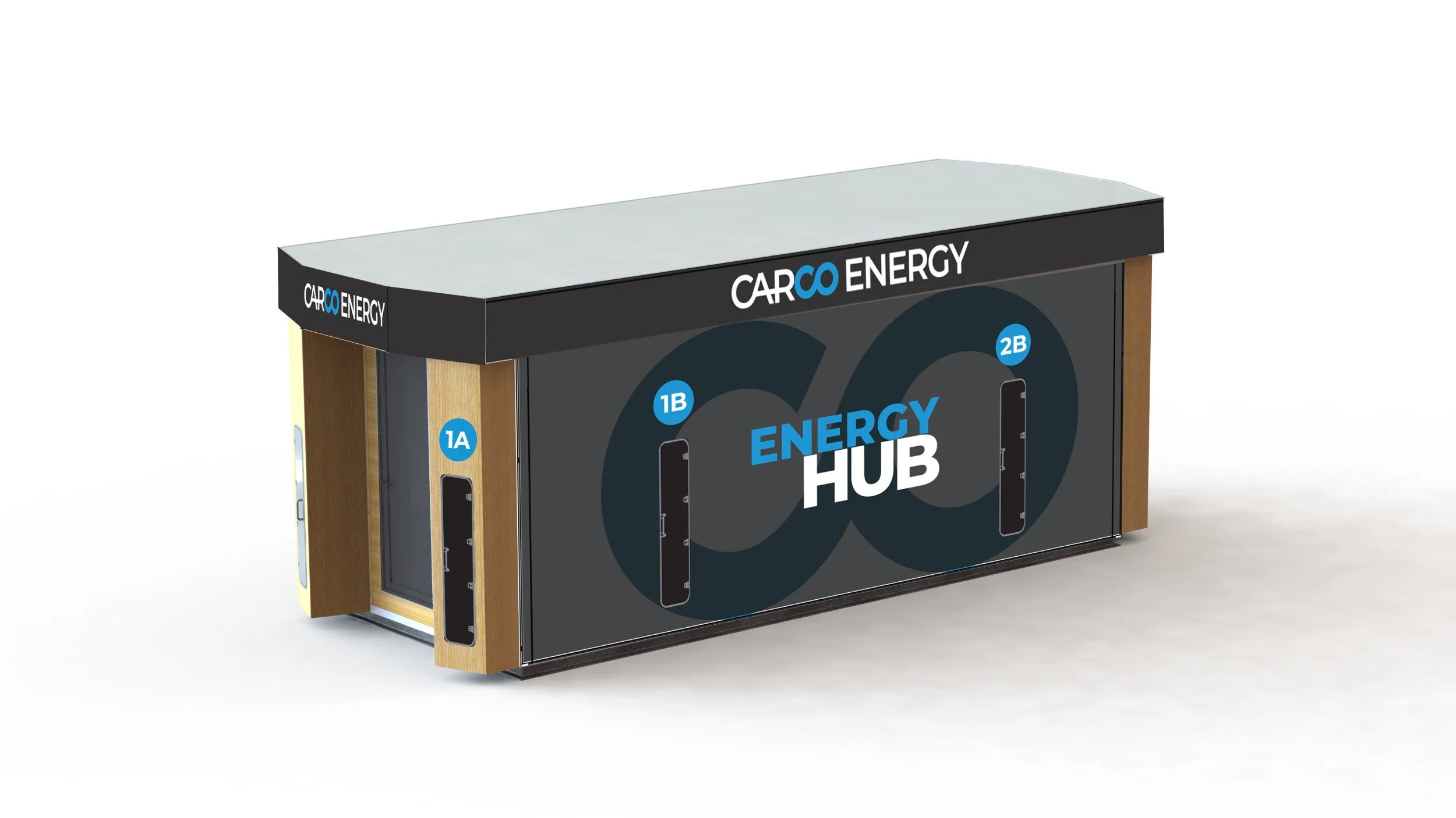 En energihubbstation med märkning ENERGY HUB och olika laddplatser för elbilar, inklusive 1A, 1B, 2A, och 2B.