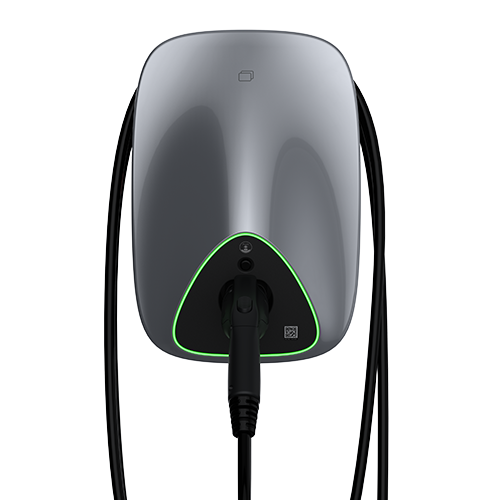 En elektrisk billaddare med svart kabel inkopplad.