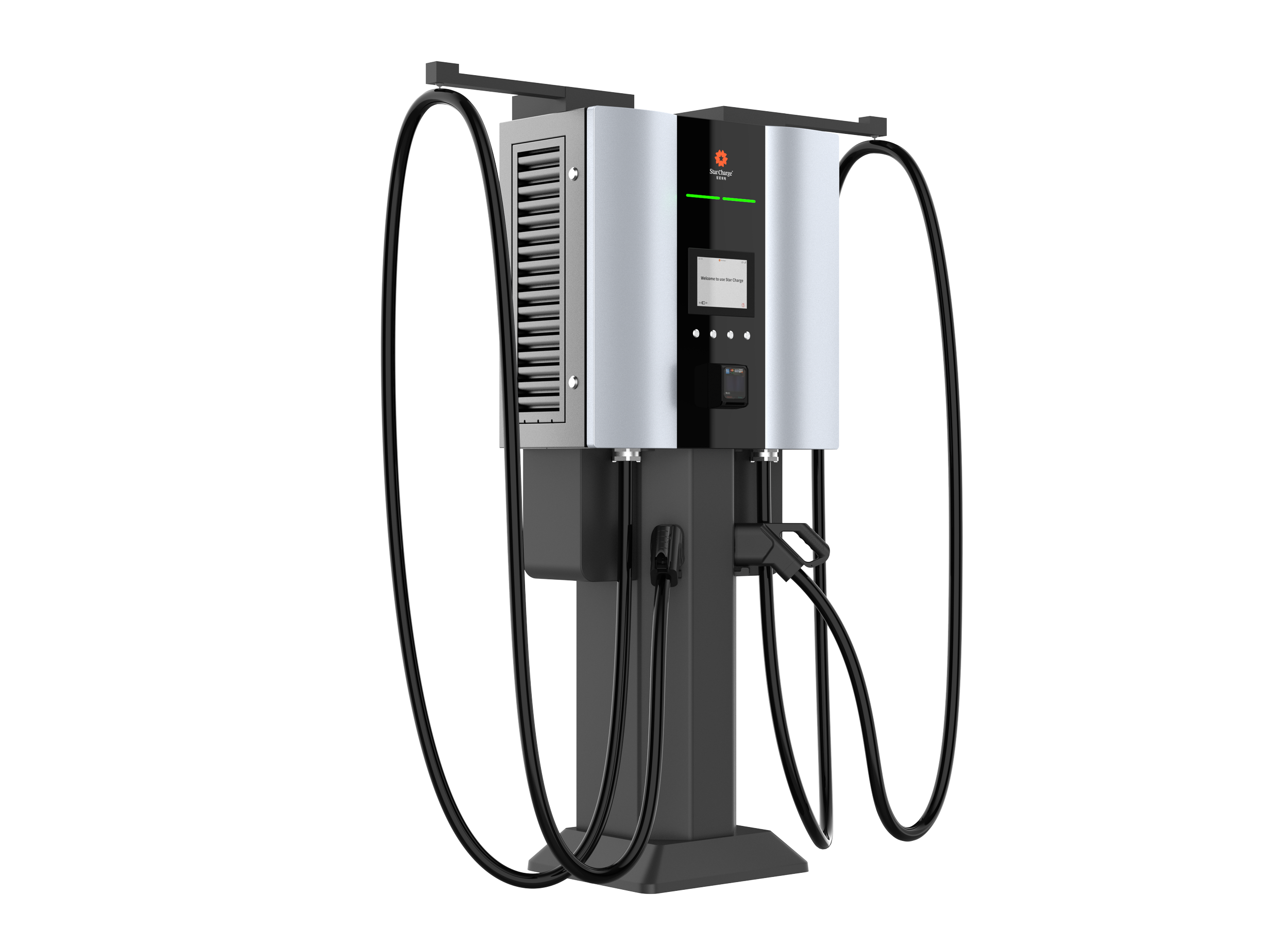 Elbilssnål laddstation med fyra kablar och digital display.