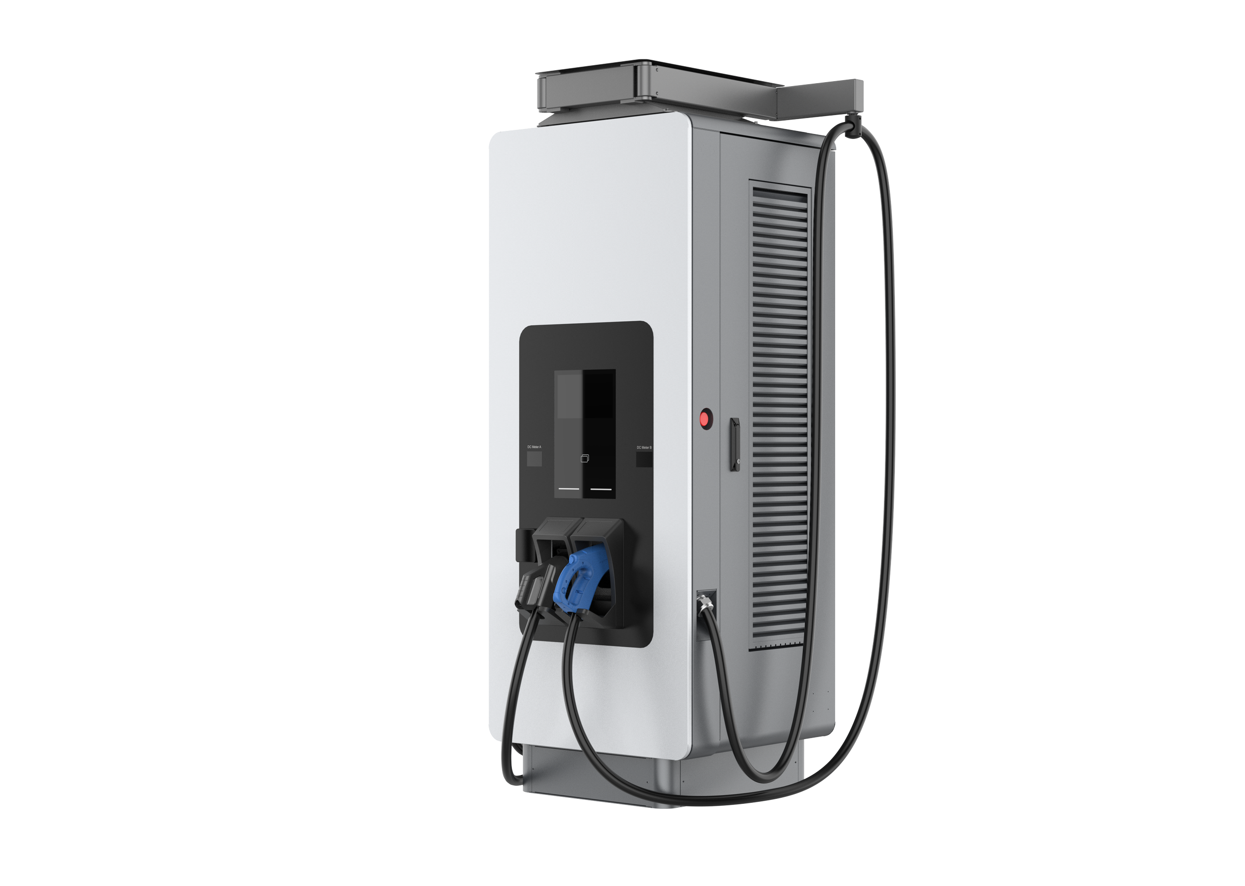 Elbilsladdare för laddning av elbilar, svart och grå med två laddkablar på fronten.