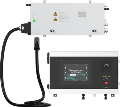 Elektrisk laddningsenhet med en skärm och kablar.