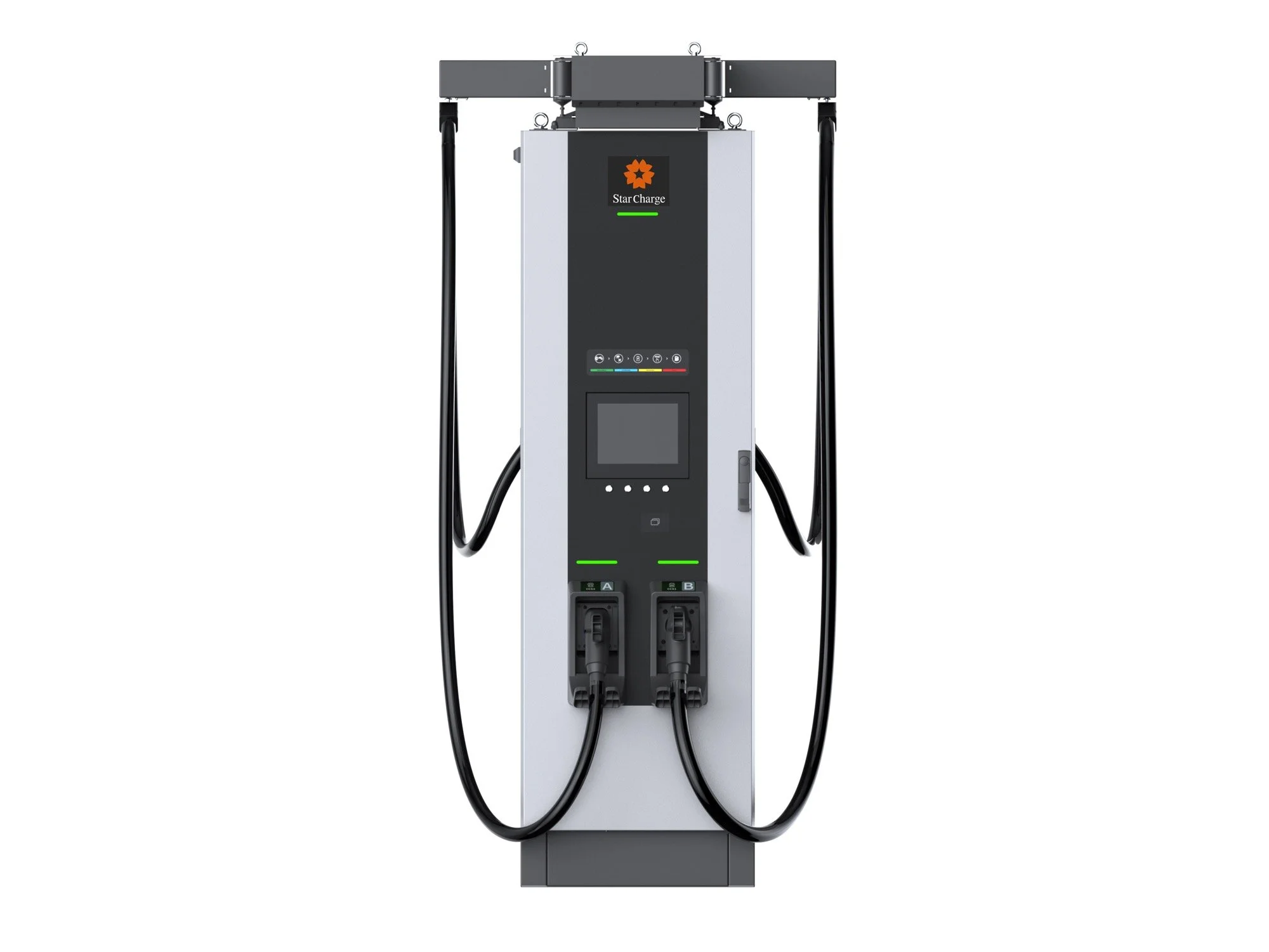 Elektrisk laddstation med två laddkablar för elbilar, modern design i svart och silver, och en digital display.