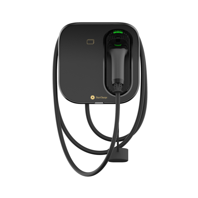 Laddstation för elfordon med en laddkabel och indikatorlampor.