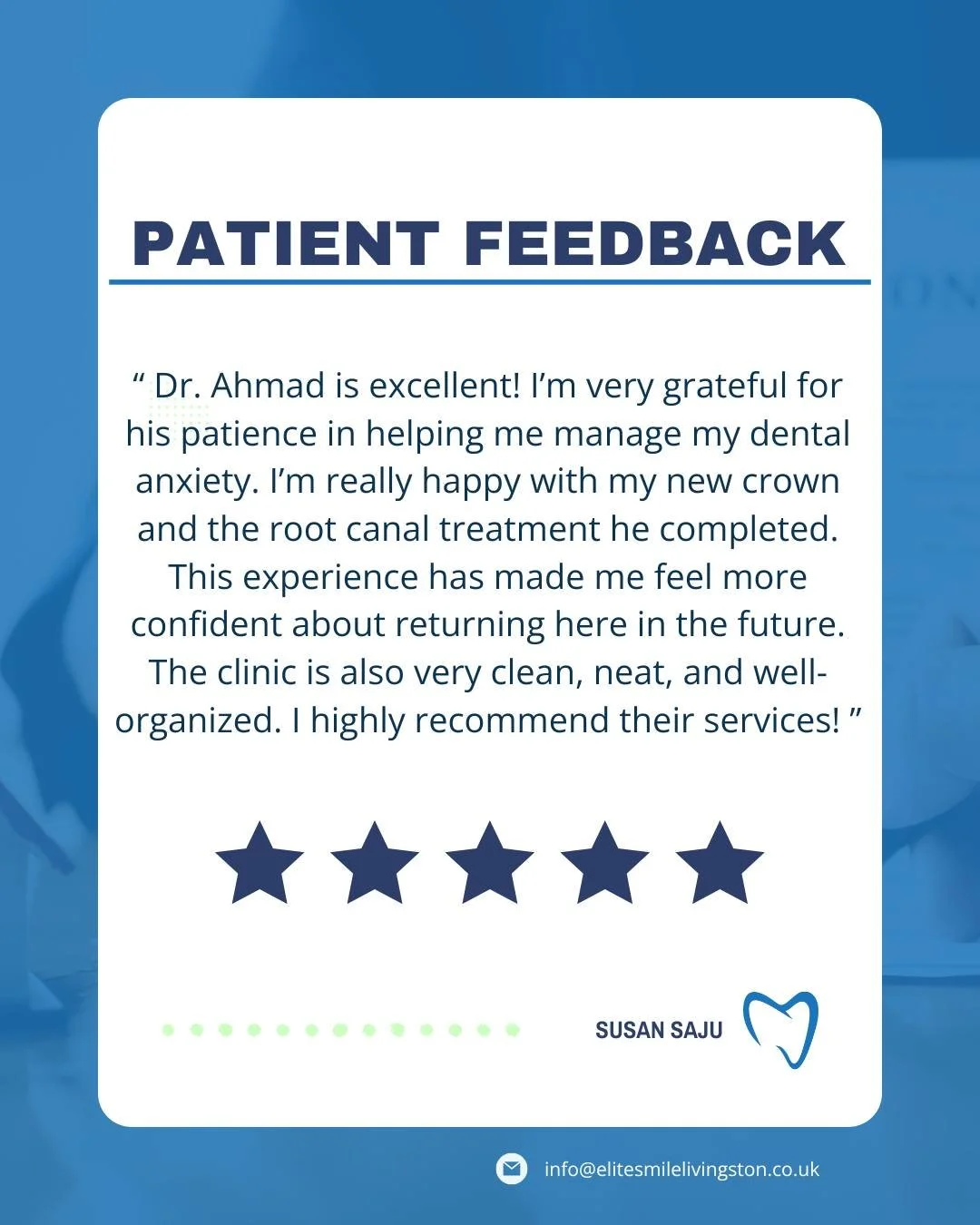 ⭐️⭐️⭐️⭐️⭐️
We love hearing kind words like these! 💬
A big thank you to Susan for sharing her experience with Dr. Ahmad. 
Helping patients feel calm, confident, and cared for is what we do best 💙
Have dental anxiety? You’re in gentle hands at