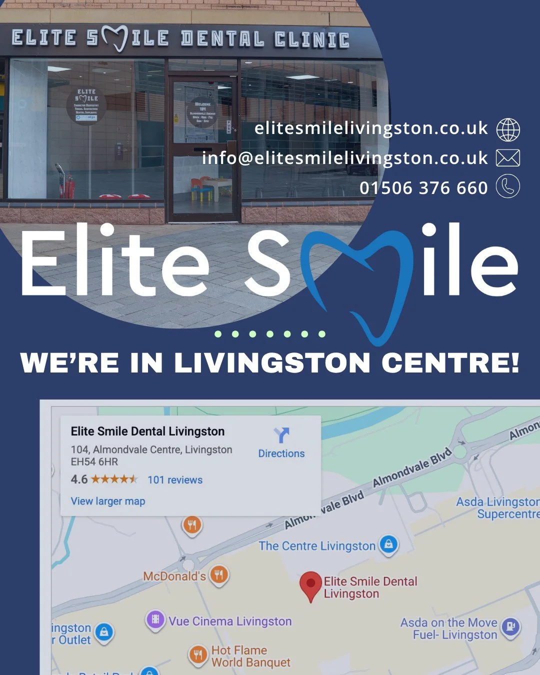 We&rsquo;re officially part of the Livingston Centre community! 🦷💙
Find Elite Smile right in the heart of Livingston. Modern, caring dentistry that&rsquo;s easy to access and always patient-first.

Pop in to say hello or book your first appointment